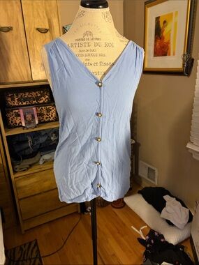 Buttons Light Blue V-Neck Button Front Women's Top - Medium